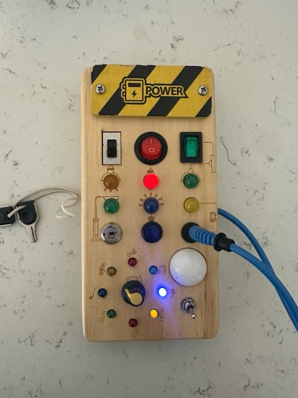 Busy Board Montesorri Sensory Learning Wooden Toy Power LED Lights Switches